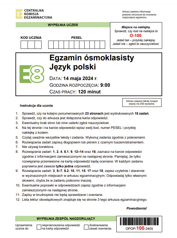 arkusz egzamin ósmoklasisty język polski